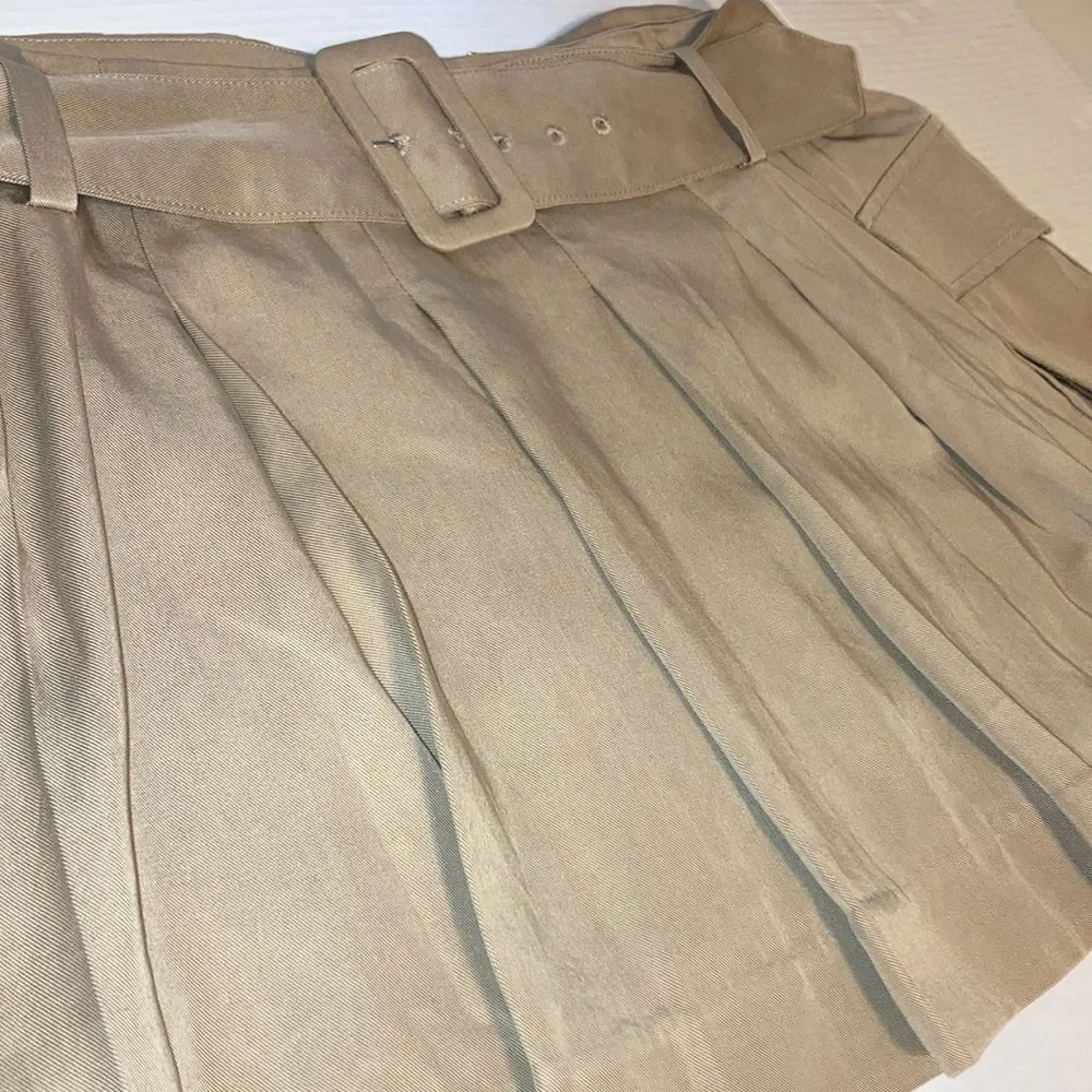 REFORMATION Brinley Belted Pleated Cargo Skirt Khaki Belt Pockets Zipper Size 12